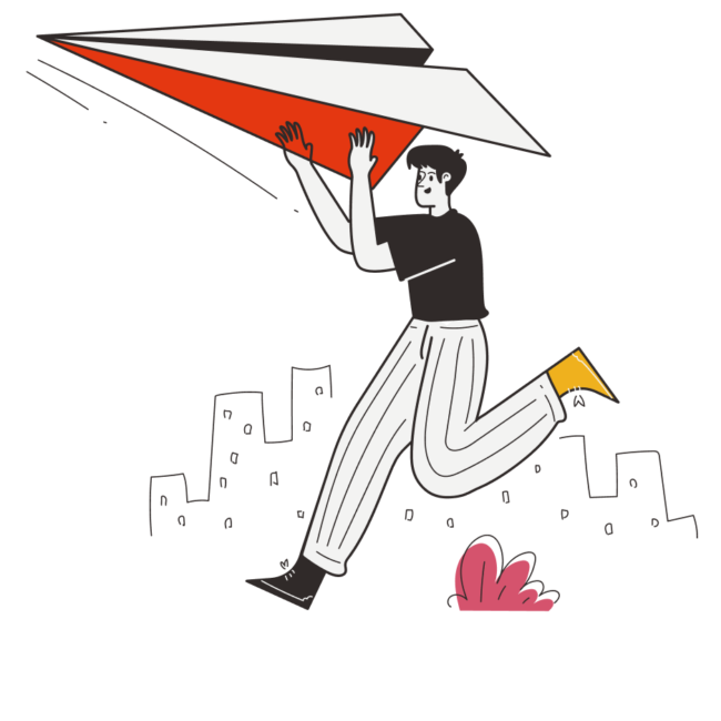 Illustration de la page contact de Red5, on y voit un homme lançant un avion en papier géant.