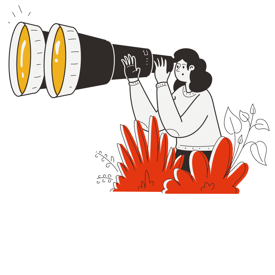 Illustration de la page d'accueil et réalisations de Red5, on y voit une femme tenant des jumelles, cachée dans un buisson.